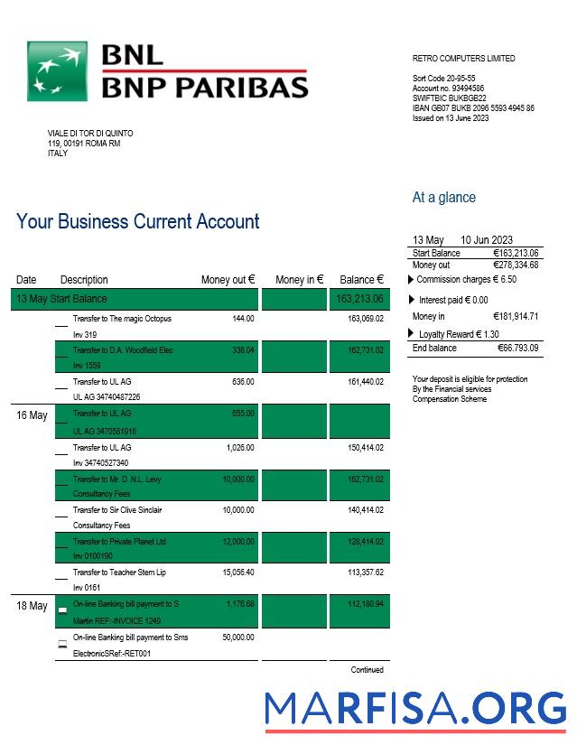 Blank BNL Bank enterprise statement Word and PDF template